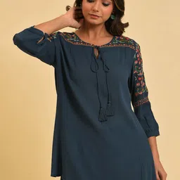 W Teal Blue Tie-Up Neck Regular Top-image-4