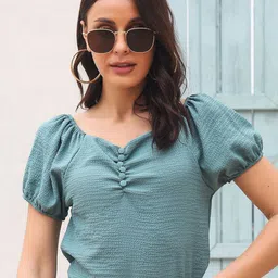 StyleCast x Revolte Blue Sweetheart Neck Puff Sleeve Top-image-81