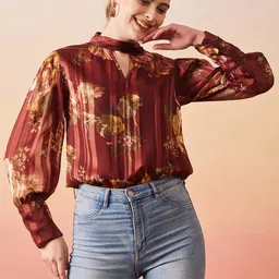 Marie Claire Maroon Floral Print Choker Neck Puff Sleeve Regular Top-picture-13