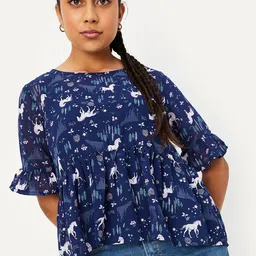 max Girls Conversational Printed Round Neck Bell Sleeves Peplum Top-picture-20