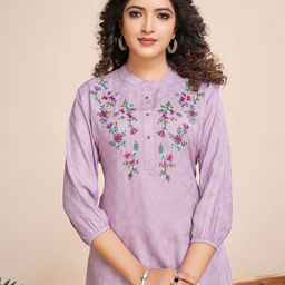 MOJILAA Floral Embroidered Mandarin Collar Puff Sleeve A-line Top-picture-16