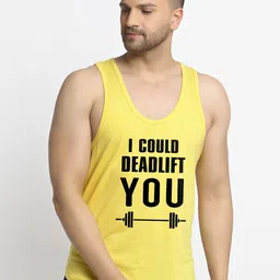 Friskers Men Yellow & Black Printed Pure Cotton Sleeveless Gym Vest-image-74
