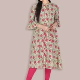 KANNAHI Women Floral Printed Band Collar Neck Bell Sleeves Cotton A-Line Kurta-52