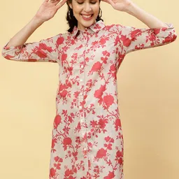 Jaipur Kurti Women Beige Floral Checked Keyhole Neck Flared Sleeves Mirror Work Kurta-picture-18