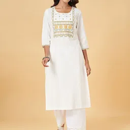RANGMANCH BY PANTALOONS Ethnic Motifs Yoke Design Thread Work Pure Cotton Straight Kurta-16