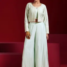 Libas Art Floral Embroidered Thread Work Silk Blend Top With Palazzos And Jacket-23