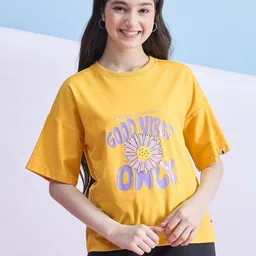 Stylo Bug Girls Floral Printed Drop-Shoulder Sleeves Linen Blend Applique T-shirt-image-44
