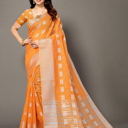 Winza Designer Orange & Silver-Toned Ethnic Motifs Zari Silk Blend Banarasi Saree-image-64