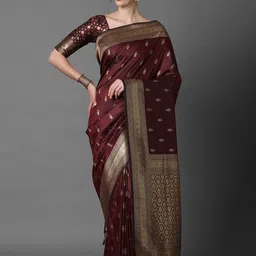 Mitera Brown & Gold-Coloured Ethnic Motifs Woven Design Silk Blend Banarasi Saree-picture-45