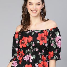 Oxolloxo Floral Print Off-Shoulder Flared Sleeve Ruffles Georgette Bardot Top-27