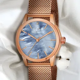 CARLINGTON Women Blue Embellished Dial & Rose Gold Toned Stainless Steel Bracelet Style Straps Analogue Watch-image-12