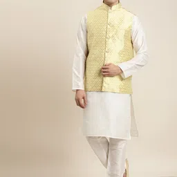 SOJANYA Men Off-White & Light Green Kurta with Pyjamas & Woven Design Nehru Jacket-0