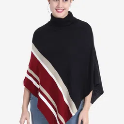 JoE Hazel Women Acrylic Black & Red Colourblocked Poncho-27