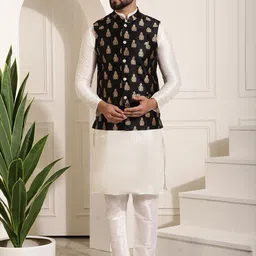 SOJANYA Band Collar Straight Kurta & Churidar with Nehru jacket-image-87