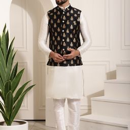 SOJANYA Mandarin Collar Kurta With Churidar & Self Design Nehru Jacket-picture-4