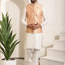 SOJANYA Mandarin Collar Kurta with Churidar & Woven Nehru jacket-image-47