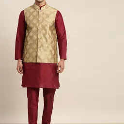 SOJANYA Men Maroon Kurta with Churidar & Nehru Jacket-picture-16