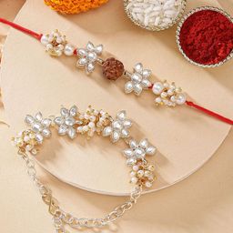 KARATCART Set of 2 Gold-Plated Rakhi For Bhaiya & Bhabhi With Roli Chawal & Greeting Card-58