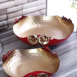 Amaya Decors Set Of 2 Red & Gold Hammered Rose Candle Urli-13
