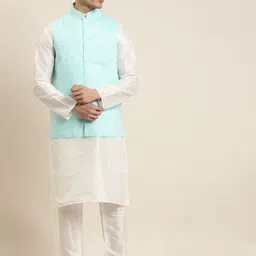 SOJANYA Men Off-White & Blue Solid Kurta with Pyjamas & Nehru Jacket-image-57