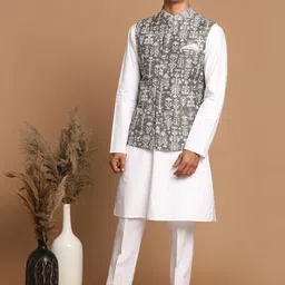 VASTRAMAY Men Green Floral Printed Pure Cotton Kurta &Trousers with Printed Nehru Jacke-picture-38
