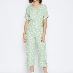 Crimsoune Club Women Green & White Polka Dots Printed Lyocell Slim Fit Capri Jumpsuit-image-47