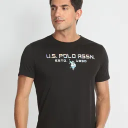 U S Polo Assn Denim Co Men Black Brand Logo Printed Pure Cotton Slim Fit T-shirt-image-11