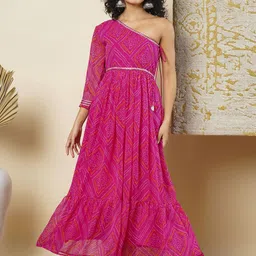 Globus Bandhani Printed One Shoulder Flared A-Line Maxi Ethnic Derss-image-29