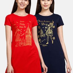 Fleximaa Pack of 2 Printed Pure Cotton Longline Tops-image-45