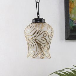 Devansh Gold-Toned & Beige Printed Mosaic Glass Hanging Light-25