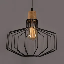 Homesake Black Metal Pitcher Cage Wood Hanging Light-6