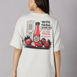 THE HOLLANDER Women Typographic Printed Cotton Drop-Shoulder Sleeves Oversized T-shirt-image-3