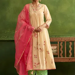 DRESOUL Floral Embroidered V-Neck Long Sleeves Empire Kurta with Palazzos & Dupatta-picture-29
