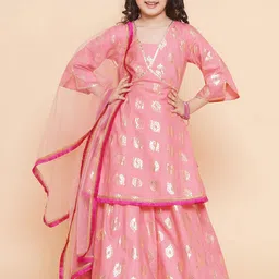 Bitiya by Bhama Girls Foil Printed V-Neck Lehenga & Blouse With Dupatta-picture-23