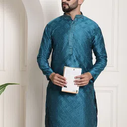 SOJANYA Ethnic Motifs Printed Mandarin Collar Thread Work Silk Cotton Kurta-image-2