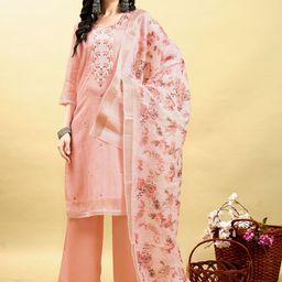 Anouk Pink Floral Embroidered Thread Work Chanderi Silk Kurta With Palazzos & Dupatta-image-47