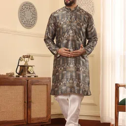 Armaan Ethnic Ethnic Motifs Printed Mandarin Collar Regular Pure Silk Kurta with Churidar-picture-42