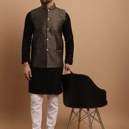 SOJANYA Ethnic Embroidered Sequinned Pure Cotton Kurta & Churidar With Nehru Jacket-image-22