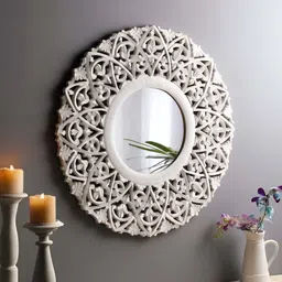 VAS collection home White Floral Patterned Wooden Wall Mirror-image-91