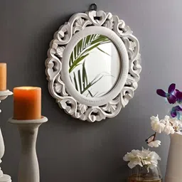 VAS collection home White Floral Patterned Wooden Wall Mirror-52
