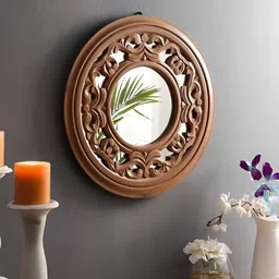 VAS collection home Brown Floral Patterned Wooden Wall Mirror-image-37