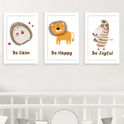 Art Street Kids White & Brown 3 Pieces Happy Animals Paintings Wall Art-9