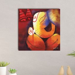 eCraftIndia Red & Yellow Ganpati Bappa Canvas Printed Wall Painting-image-92