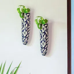 ExclusiveLane Blue & White 2 Pieces Floral Ceramic Wall Planters-55