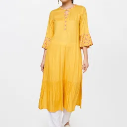 Global Desi Women Mustard Yellow Embroidered Keyhole Neck Bell Sleeves Thread Work Kurta-40