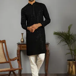 Anouk Embroidered Regular Sequinned Pure Cotton Mandarin Collar Straight Kurta With Pyjama-76