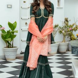 Lavanya The Label Women Green Panelled Pure Cotton Kurta With Sharara & Dupatta-image-2