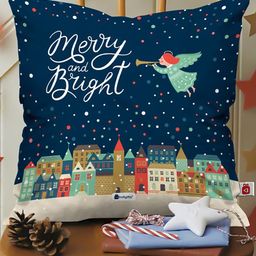 Indigifts Blue Printed Merry & Bright Cushion Cover with Filler-image-43