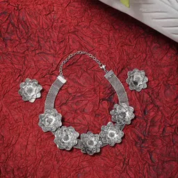 Sangria Intricate Silver-Toned Textured Oxidized Jewellery Set-picture-11