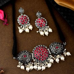 Shoshaa Oxidised Silver-Plated & Red Stones-Studded Jewellery Set-image-75